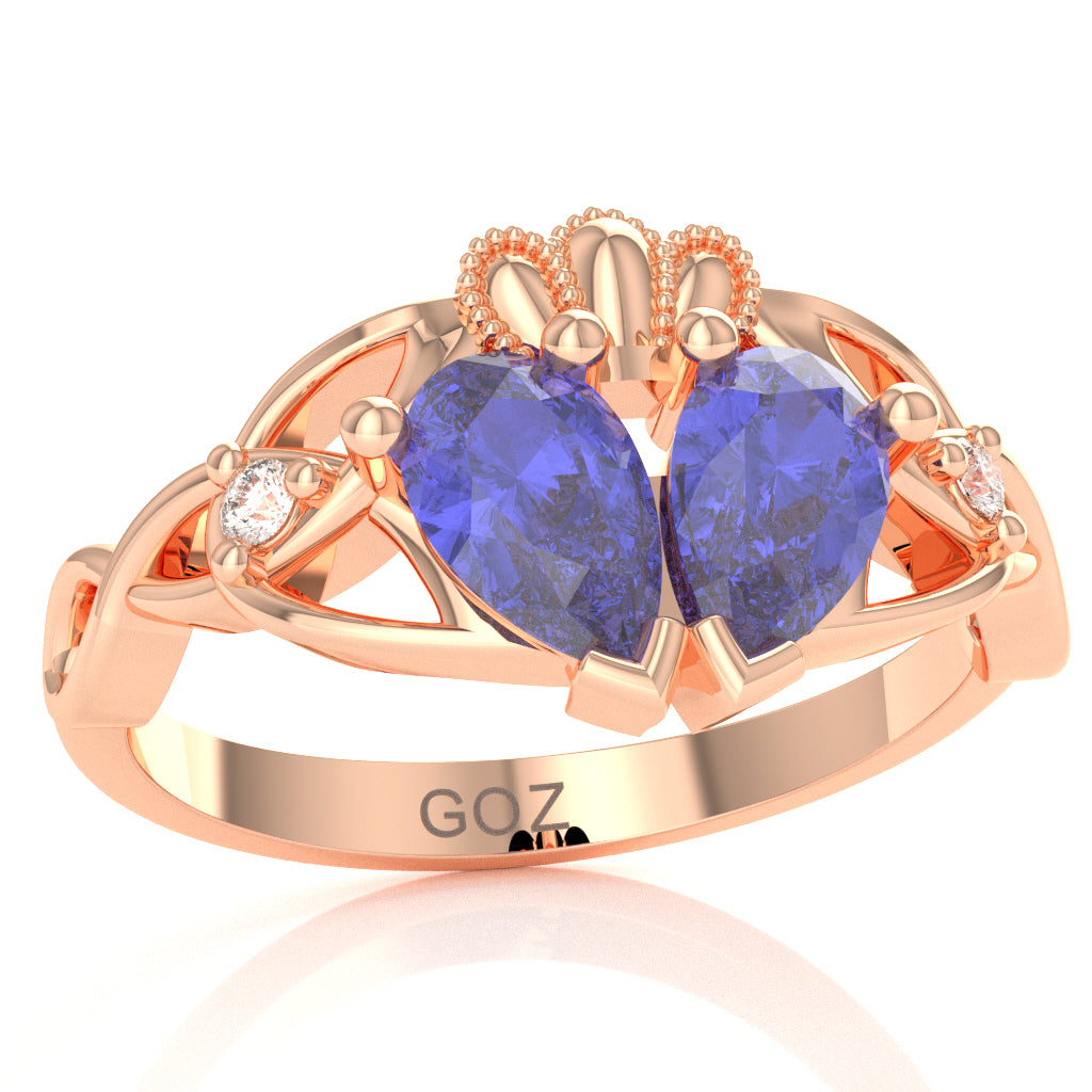 Tanzanite Diamond Celtic Knot Heart Claddagh Ring In 10k Rose Gold