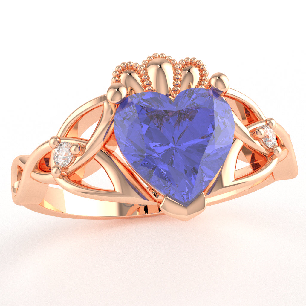 Celtic Trinity Knot Claddagh Heart Tanzanite Diamond Ring In 14k Rose Gold
