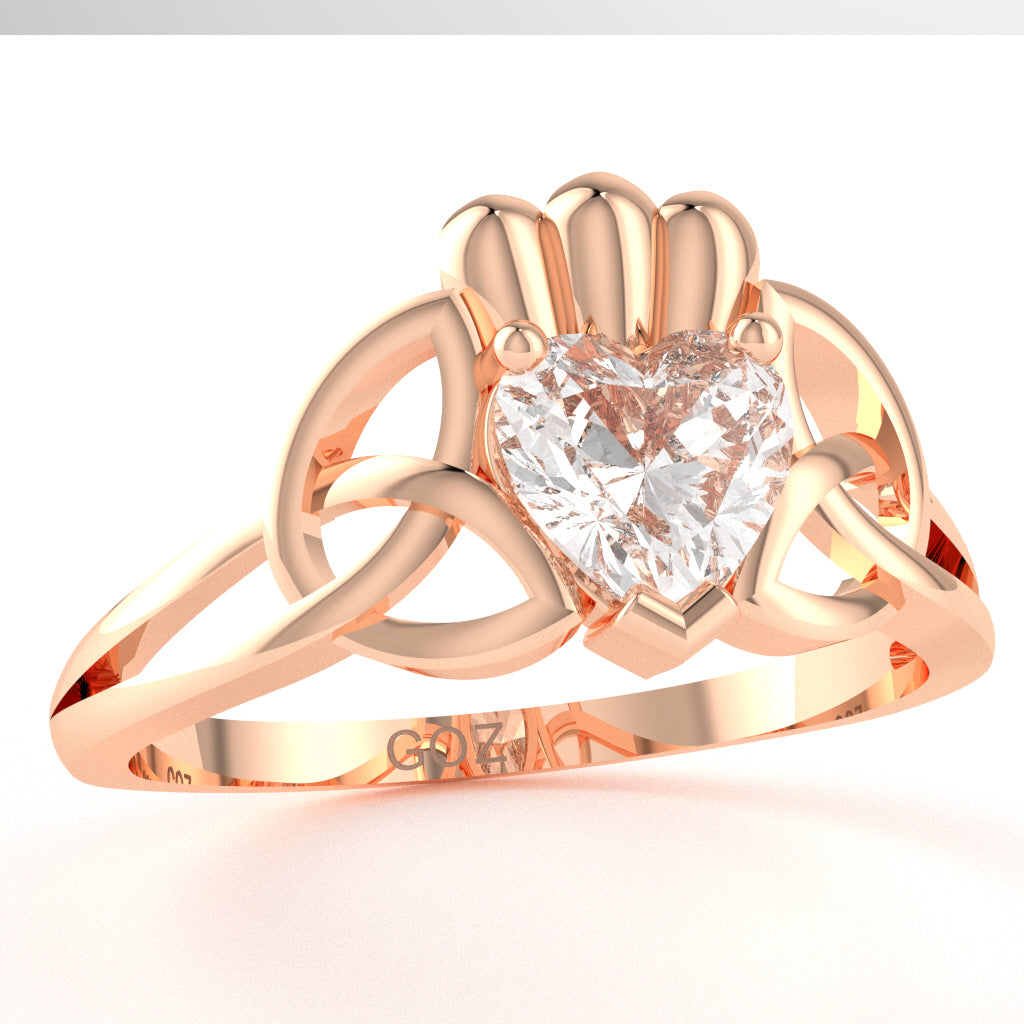 Celtic Trinity Knot Claddagh White Topaz Engagement Ring In 10k Rose Gold