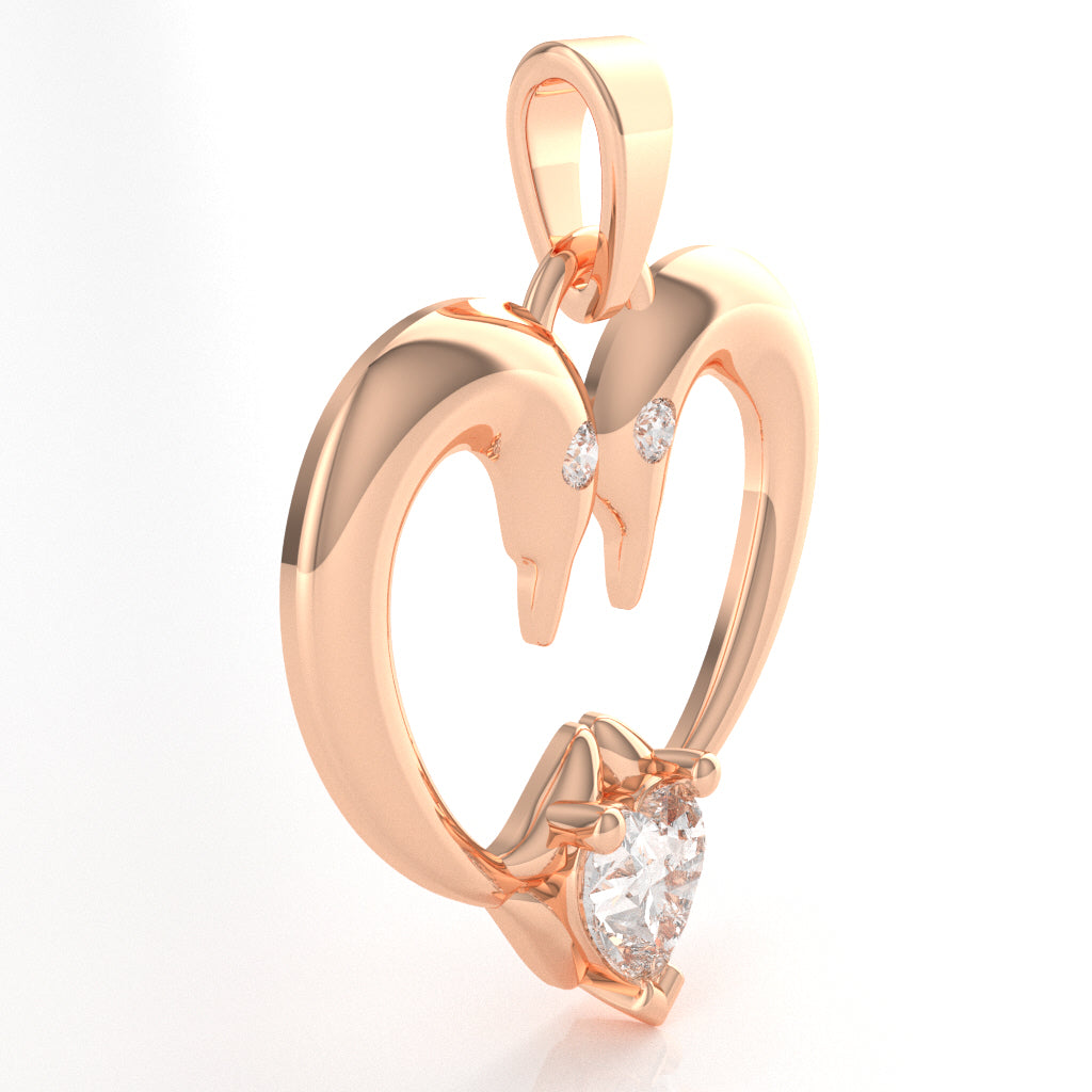 White Topaz Diamond  2 Dolphins Heart Love Pendant In 14k Rose Gold