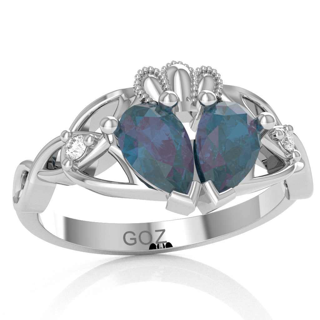 Lab-Created Alexandrite Diamond Celtic Knot Heart Claddagh Ring In 14k White Gold