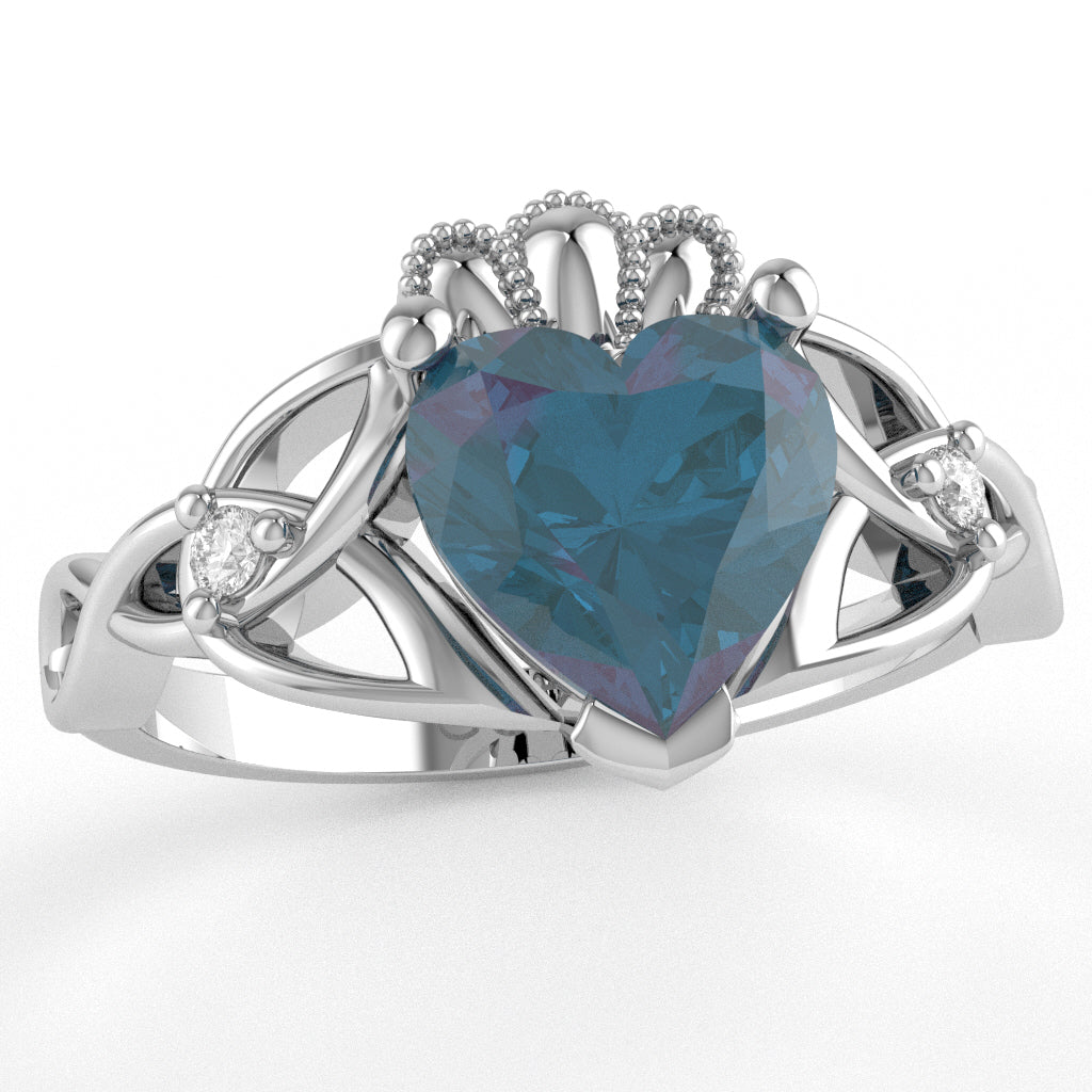 Celtic Trinity Knot Claddagh Heart Lab-Created Alexandrite Diamond Ring In 10k White Gold