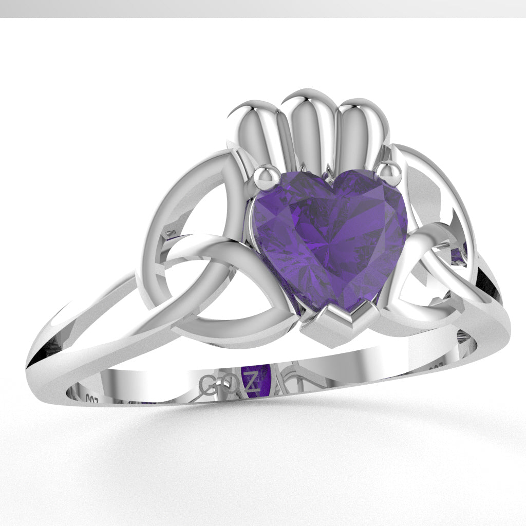 Celtic Trinity Knot Claddagh Amethyst Engagement Ring In 10k White Gold