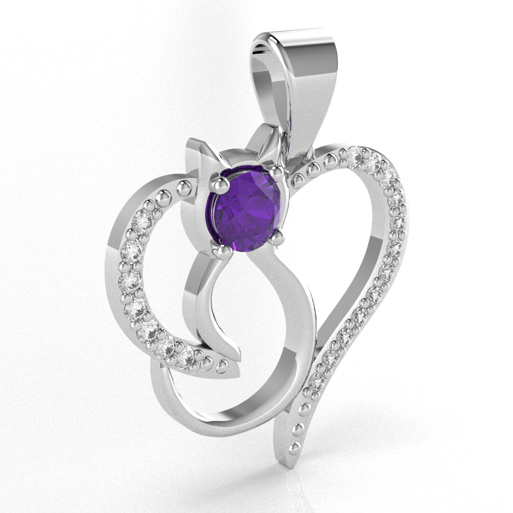 Amethyst Diamond  Cat Love Heart Pendant In 14k White Gold
