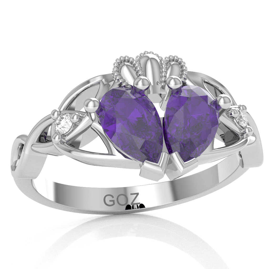 Amethyst Diamond Celtic Knot Heart Claddagh Ring In 14k White Gold