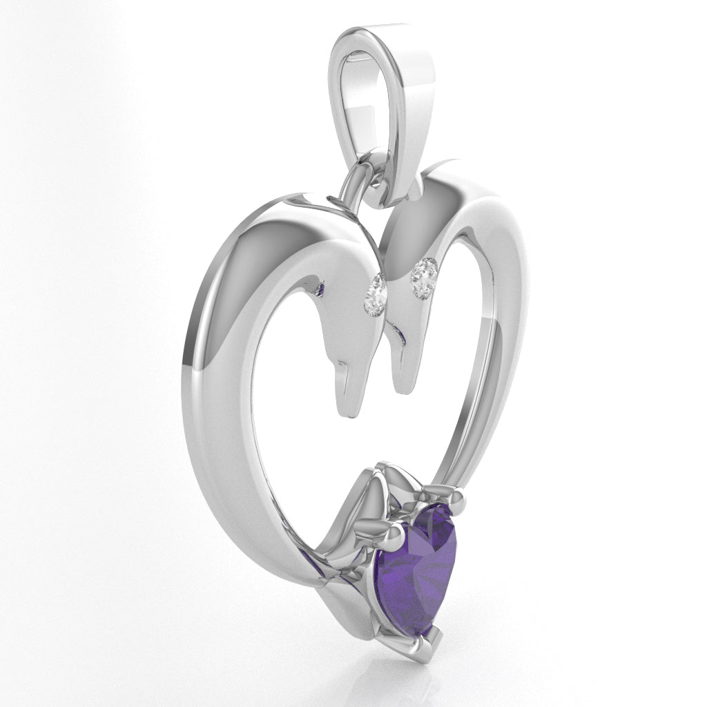 Amethyst Diamond  2 Dolphins Heart Love Pendant In 10k White Gold