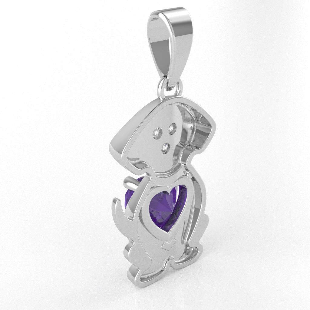Amethyst Diamond  Puppy Love Heart Pendant In 14k White Gold