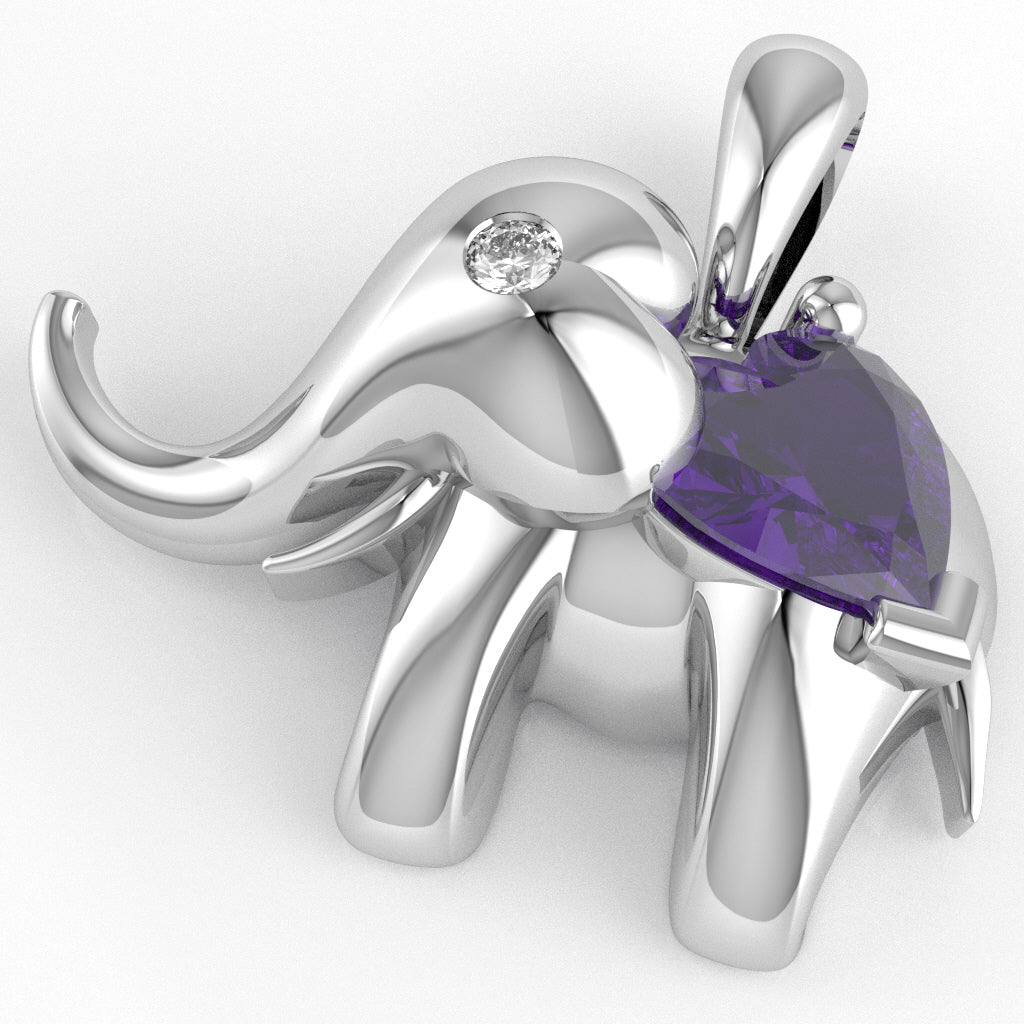Amethyst Diamond Elephant Heart Birthstone Pendant In 10k White Gold