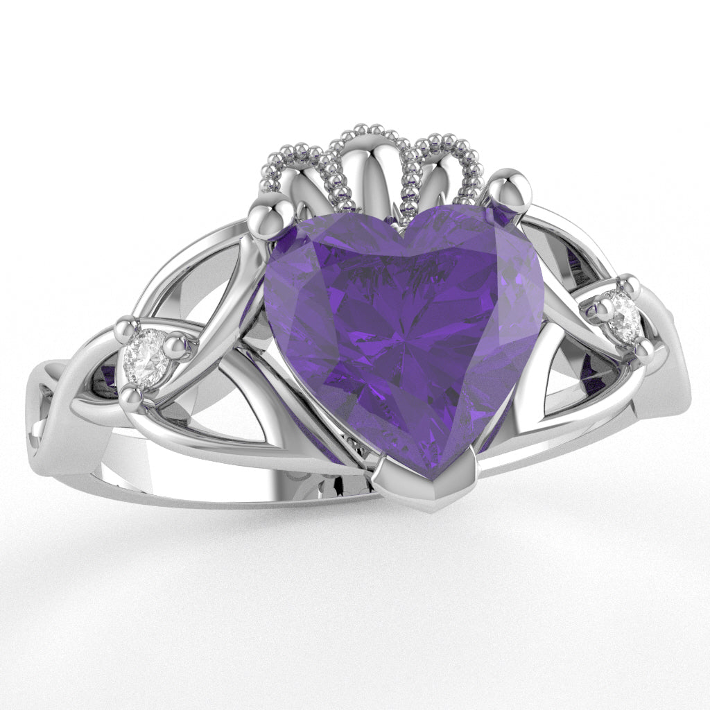 Celtic Trinity Knot Claddagh Heart Amethyst Diamond Ring In 14k White Gold