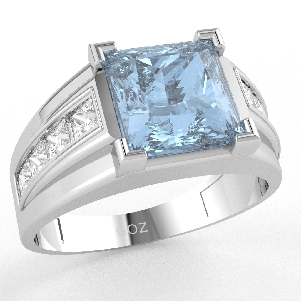 Men's Big Daddy Aquamarine Lab-Grown Diamond Channel Ring In Solid 10k White Gold
