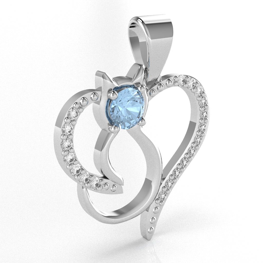Aquamarine Diamond  Cat Love Heart Pendant In 10k White Gold