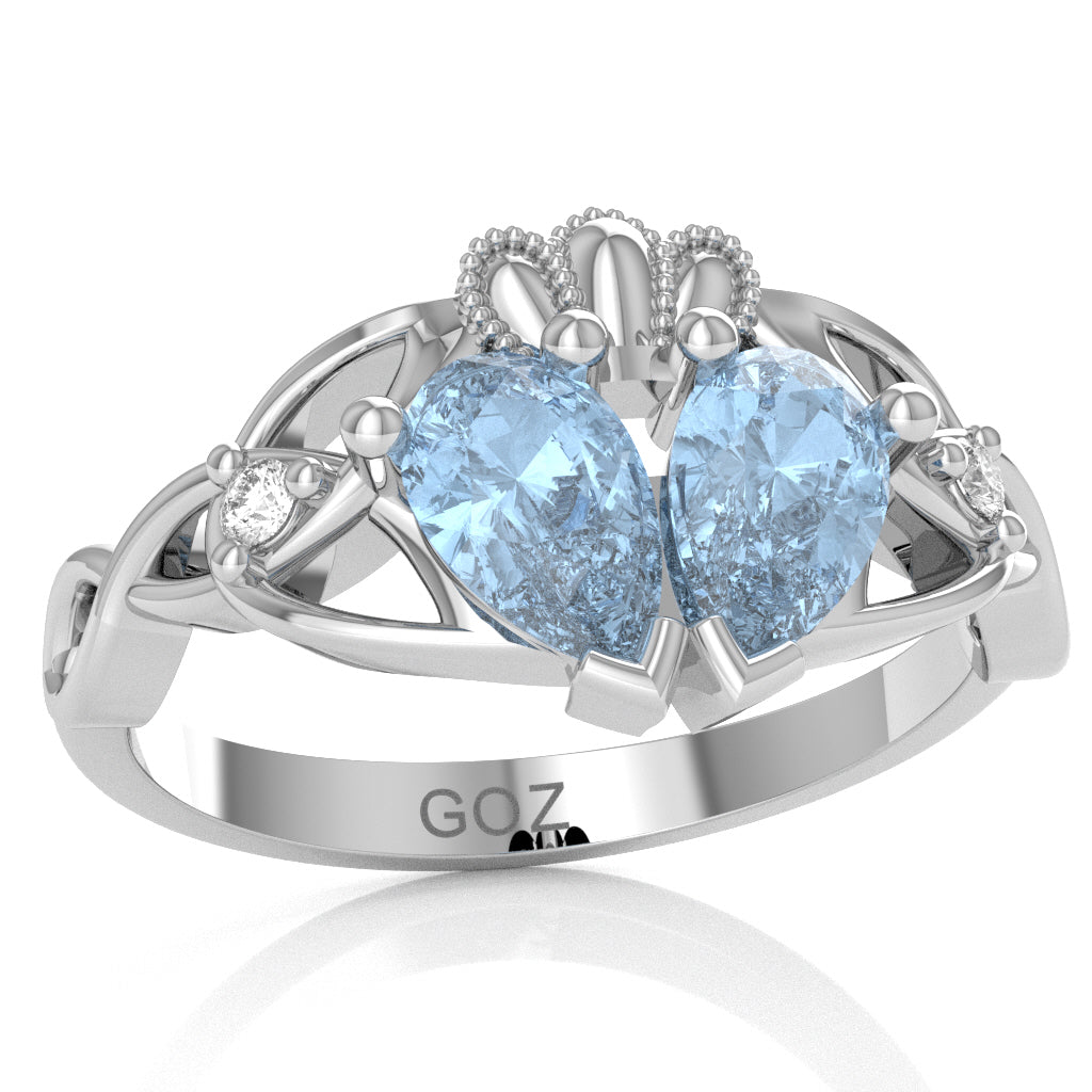 Aquamarine Diamond Celtic Knot Heart Claddagh Ring In 14k White Gold