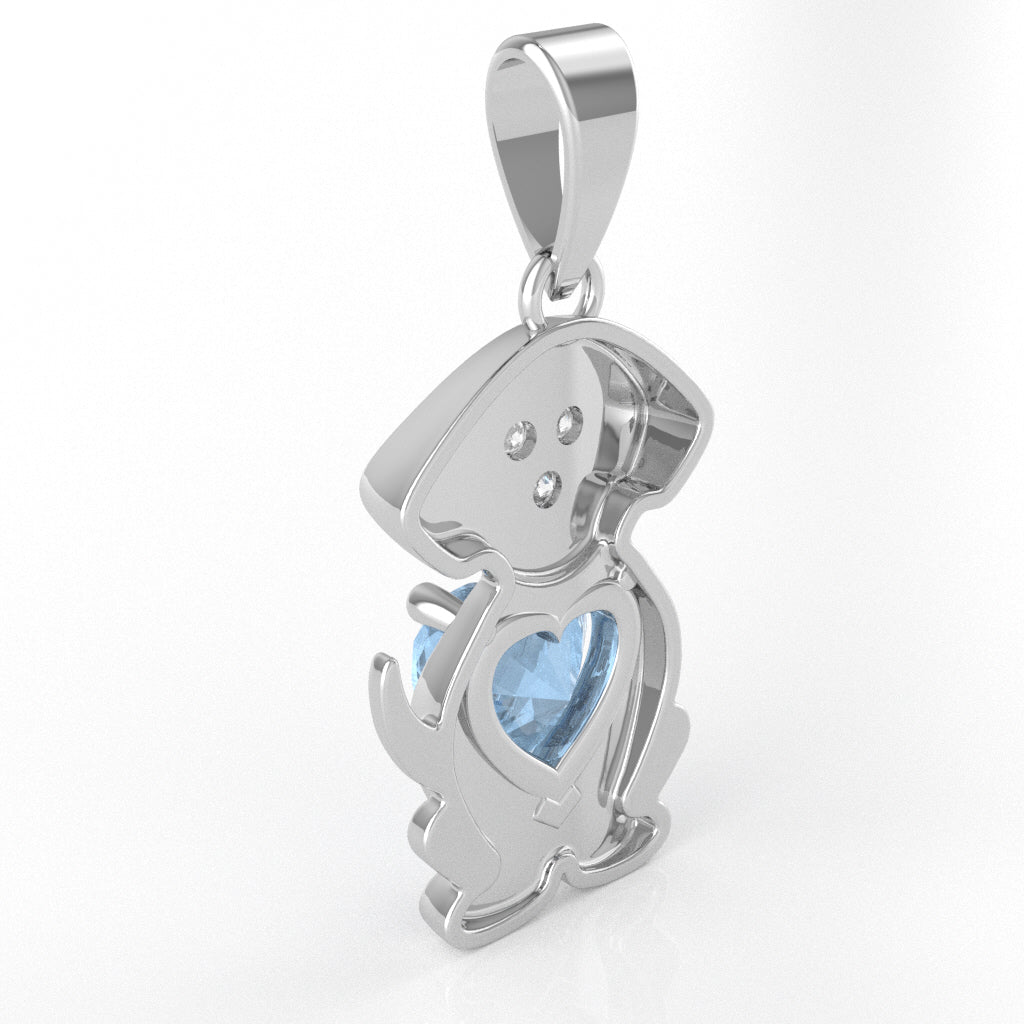 Aquamarine Diamond  Puppy Love Heart Pendant In 10k White Gold