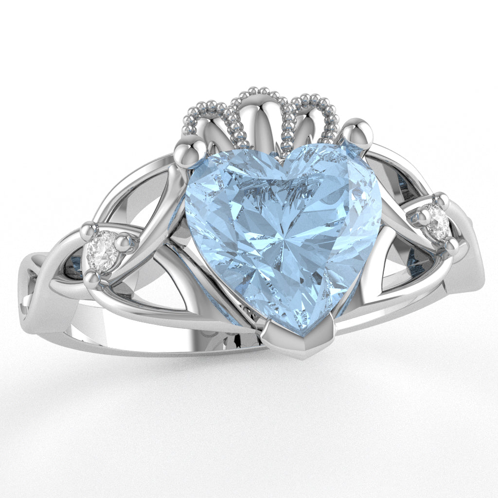 Celtic Trinity Knot Claddagh Heart Aquamarine Diamond Ring In 14k White Gold