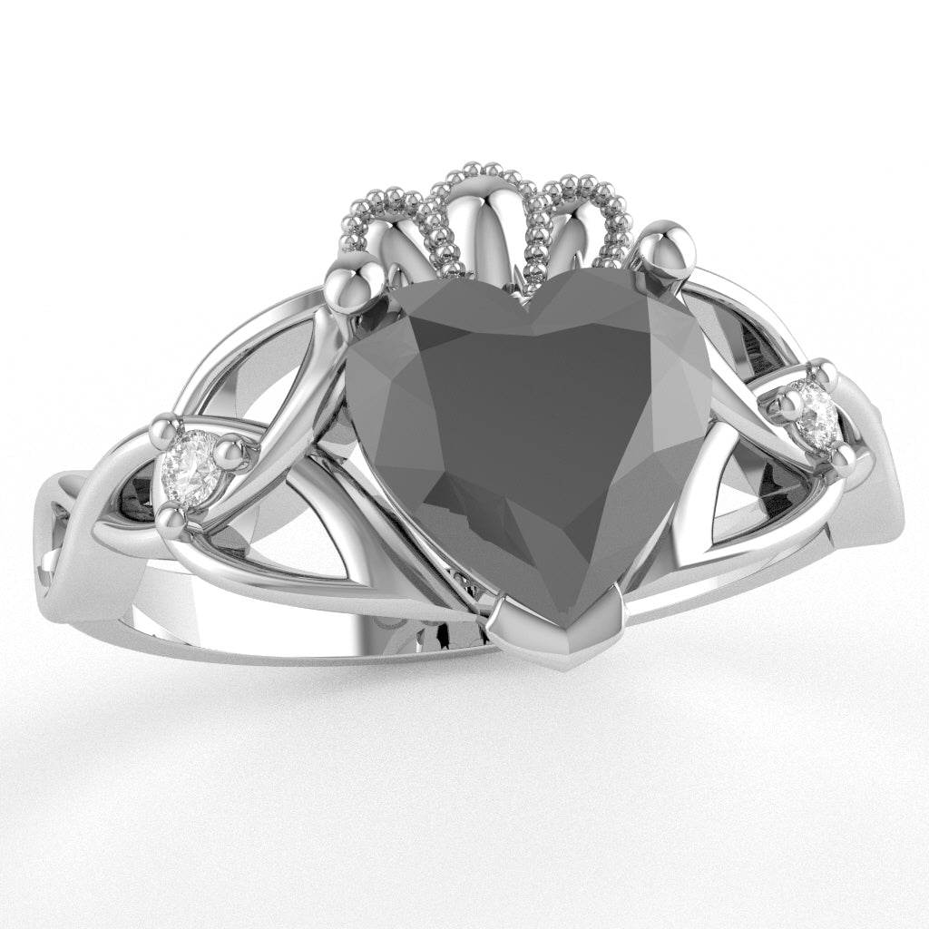 Celtic Trinity Knot Claddagh Heart Black Onyx Diamond Ring In 10k White Gold