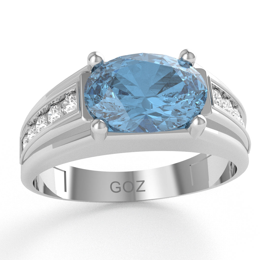 Blue Topaz Diamond Designer Channel Ring In 14k White Gold