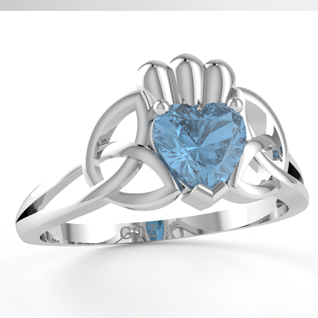 Celtic Trinity Knot Claddagh Blue Topaz Engagement Ring In 14k White Gold