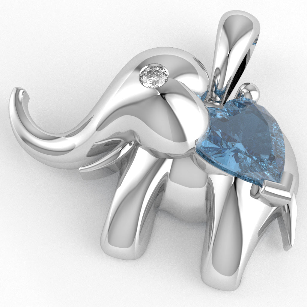 Blue Topaz Diamond Elephant Heart Birthstone Pendant In 14k White Gold