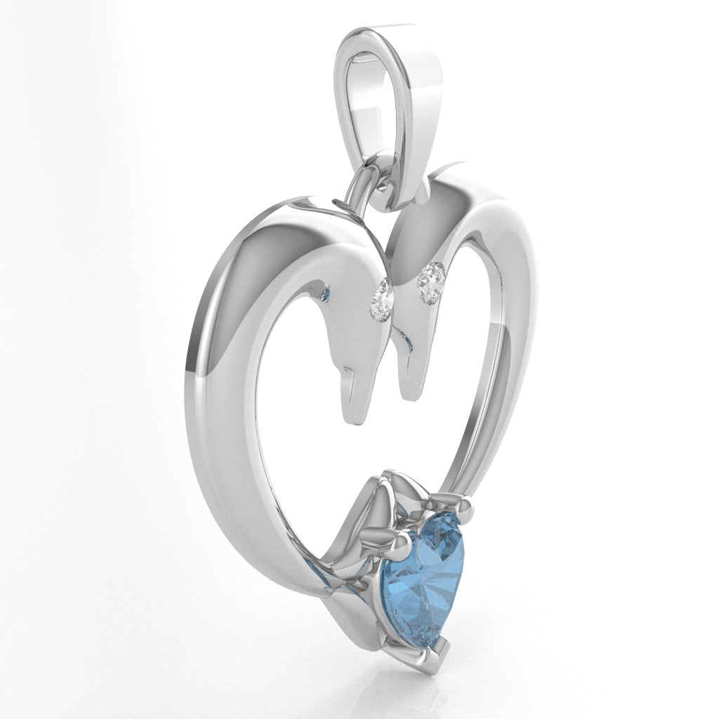 Blue Topaz Diamond  2 Dolphins Heart Love Pendant In 10k White Gold