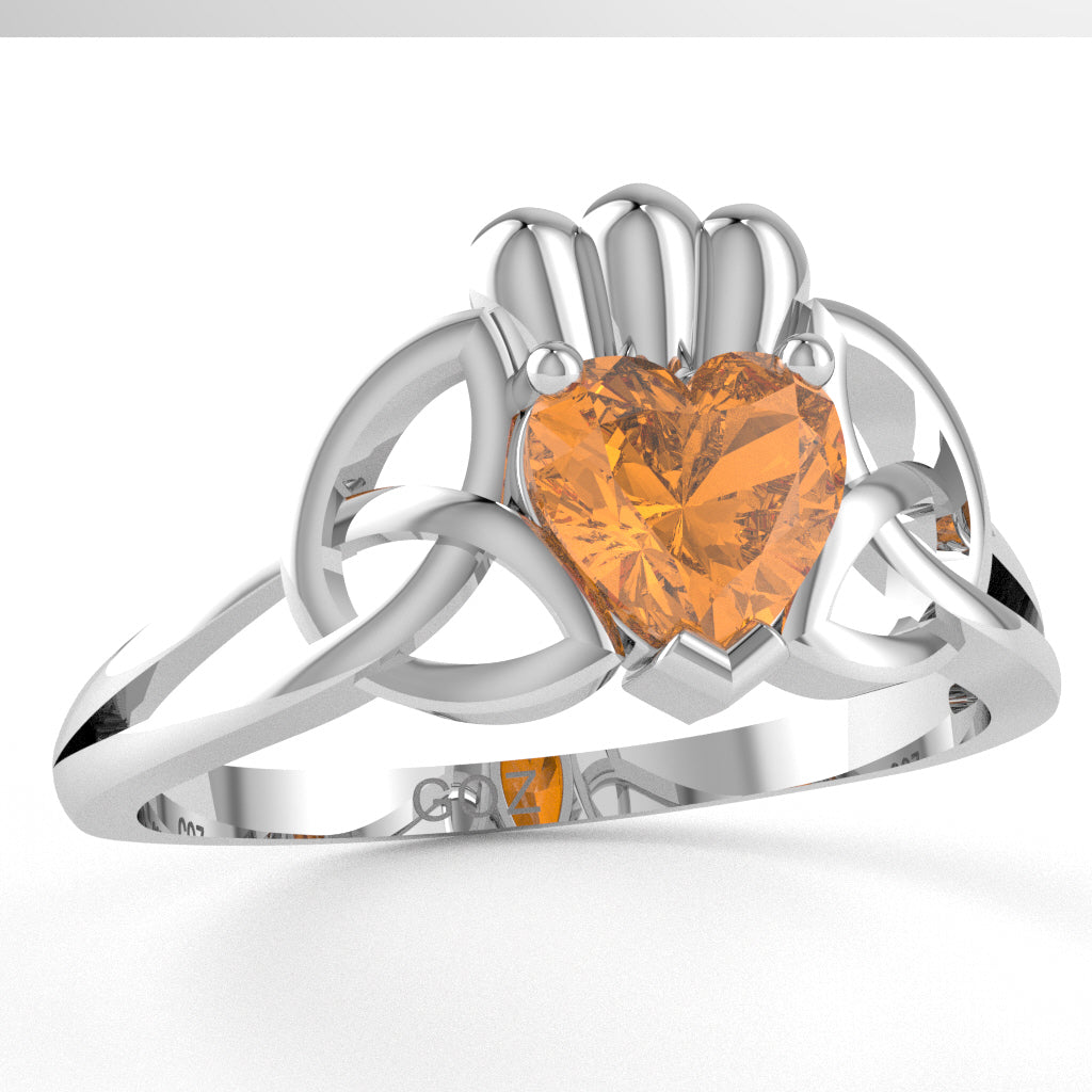 Celtic Trinity Knot Claddagh Citrine Engagement Ring In 10k White Gold