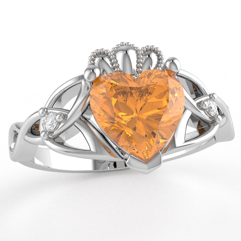 Celtic Trinity Knot Claddagh Heart Citrine Diamond Ring In 10k White Gold