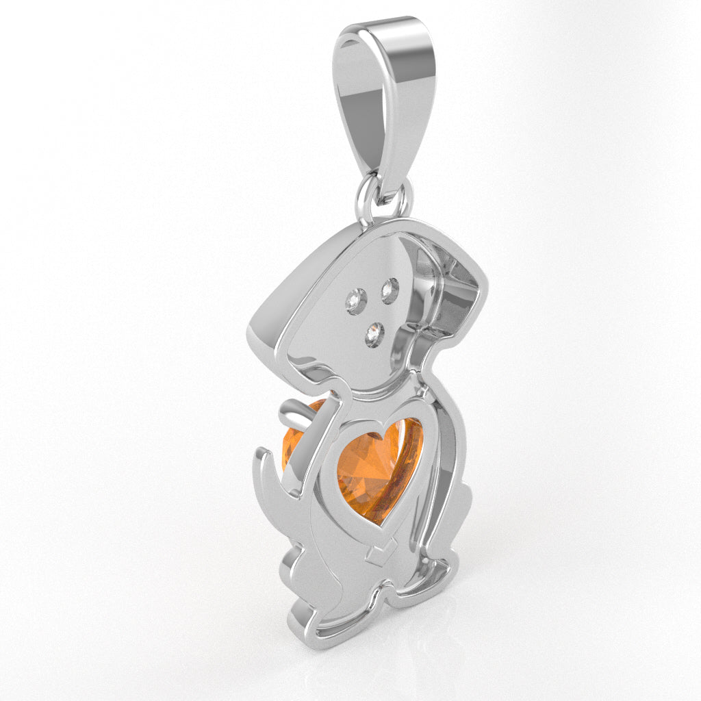 Citrine Diamond  Puppy Love Heart Pendant In 14k White Gold