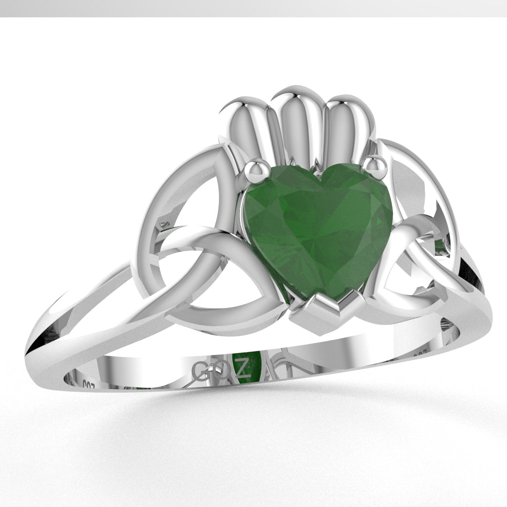 Celtic Trinity Knot Claddagh Emerald Engagement Ring In 14k White Gold