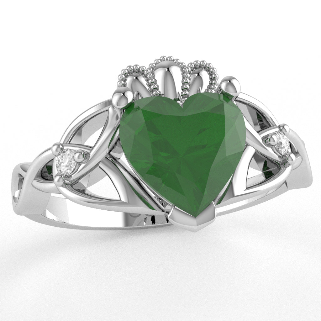 Celtic Trinity Knot Claddagh Heart Emerald Diamond Ring In 14k White Gold