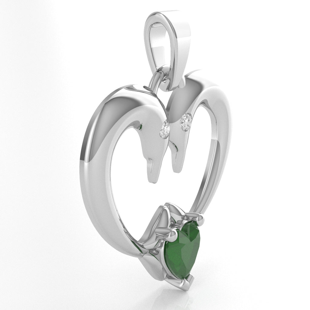 Emerald Diamond  2 Dolphins Heart Love Pendant In 10k White Gold