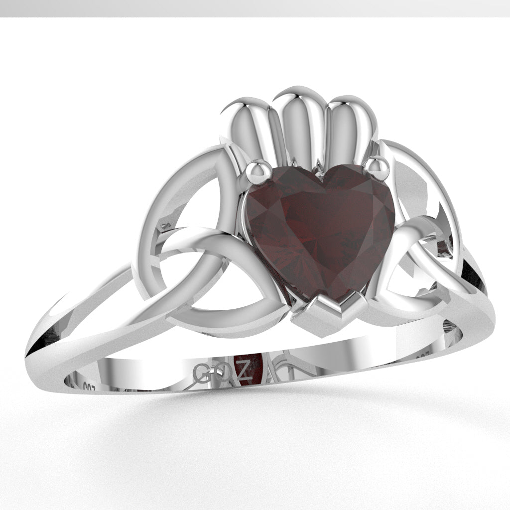 Celtic Trinity Knot Claddagh Garnet Engagement Ring In 14k White Gold