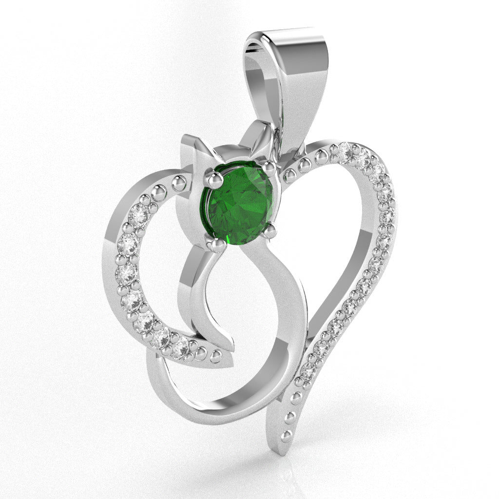 Lab-Created Emerald Diamond  Cat Love Heart Pendant In 14k White Gold