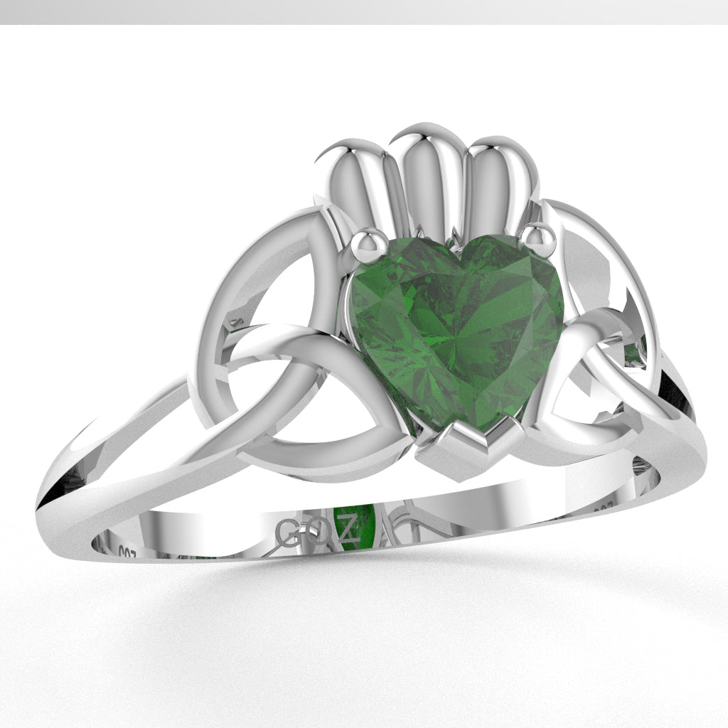 Celtic Trinity Knot Claddagh Lab-Created Emerald Engagement Ring In 14k White Gold