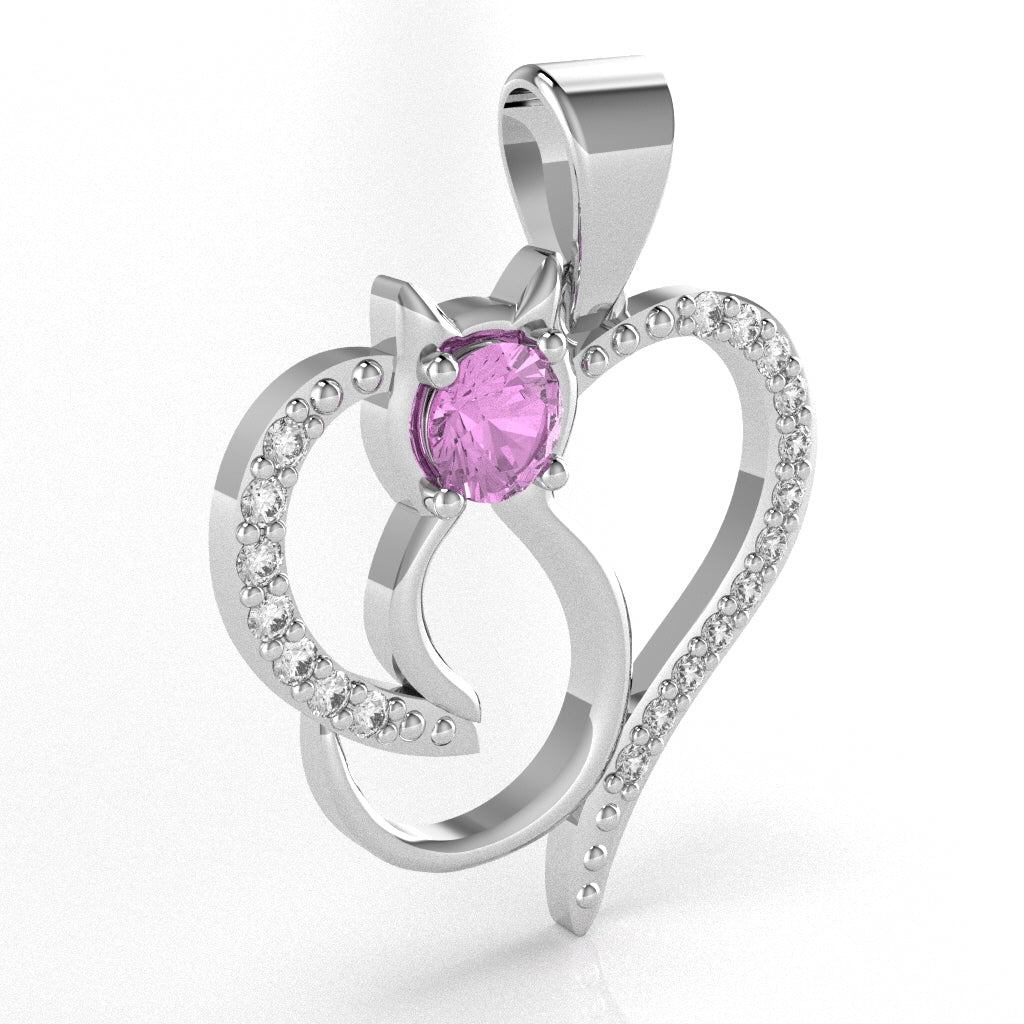 Lab-Created Pink Sapphire Diamond  Cat Love Heart Pendant In 10k White Gold