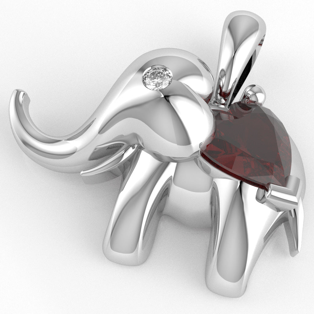 Lab-Created Ruby Diamond Elephant Heart Birthstone Pendant In 14k White Gold