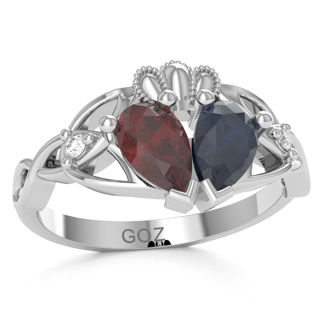 Customizable Gemstone Diamond Celtic Knot Heart Claddagh Ring In 10k White Gold