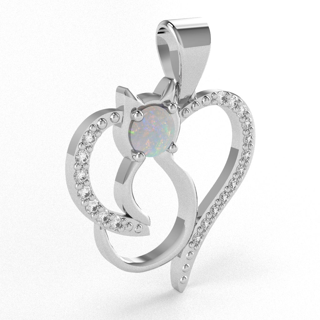 Opal Diamond  Cat Love Heart Pendant In 14k White Gold