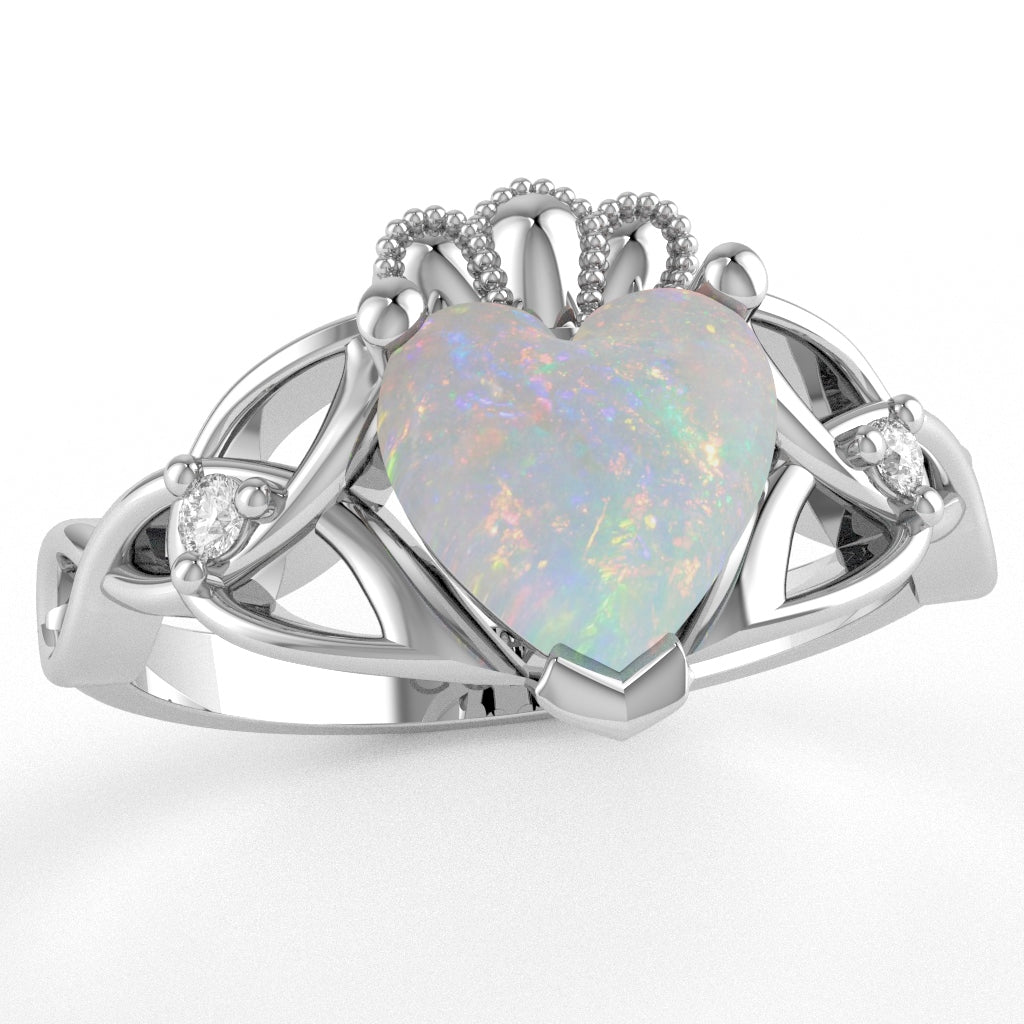 Celtic Trinity Knot Claddagh Heart Opal Diamond Ring In 10k White Gold