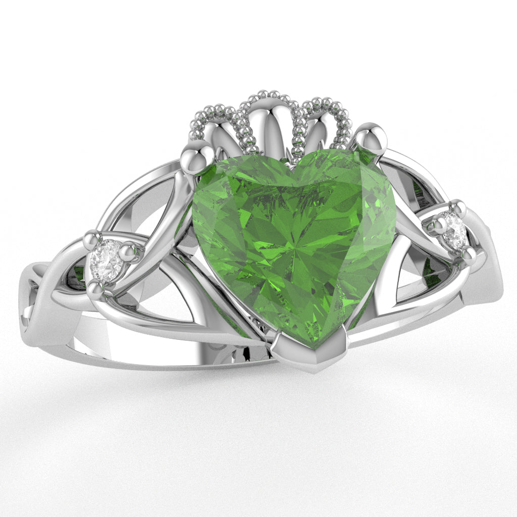 Celtic Trinity Knot Claddagh Heart Peridot Diamond Ring In 10k White Gold