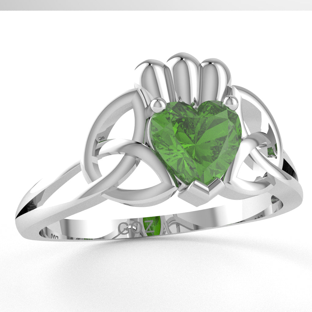 Celtic Trinity Knot Claddagh Peridot Engagement Ring In 10k White Gold