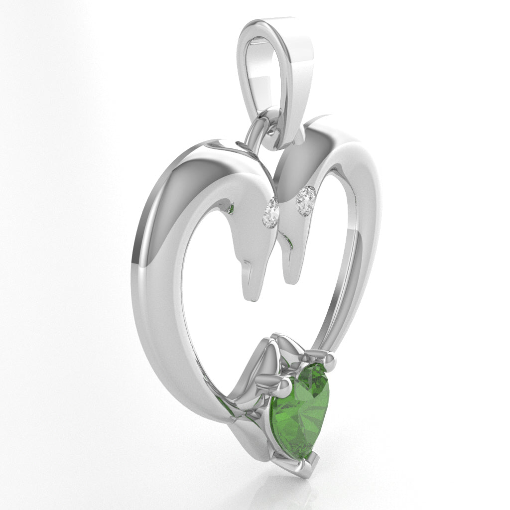 Peridot Diamond  2 Dolphins Heart Love Pendant In 10k White Gold