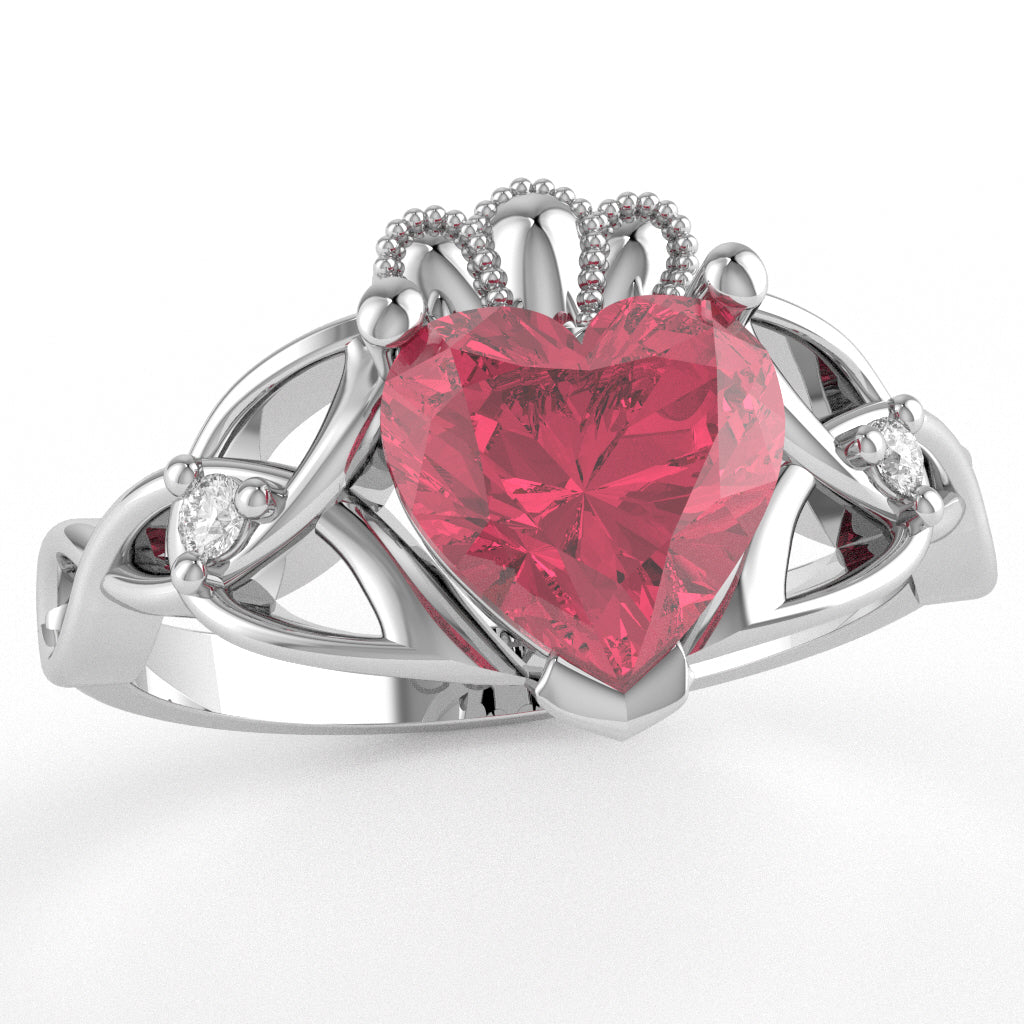 Celtic Trinity Knot Claddagh Heart Pink Tourmaline Diamond Ring In 10k White Gold