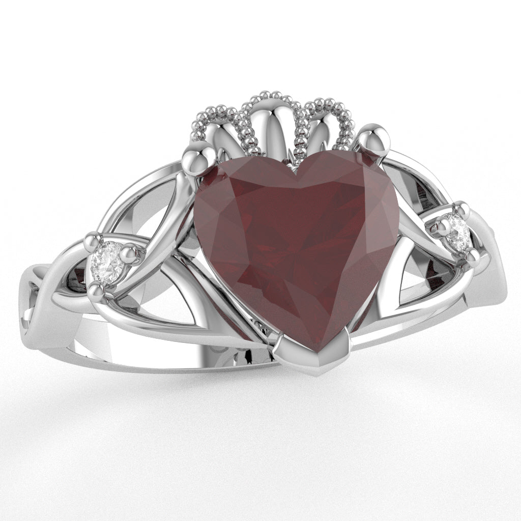 Celtic Trinity Knot Claddagh Heart Ruby Diamond Ring In 10k White Gold