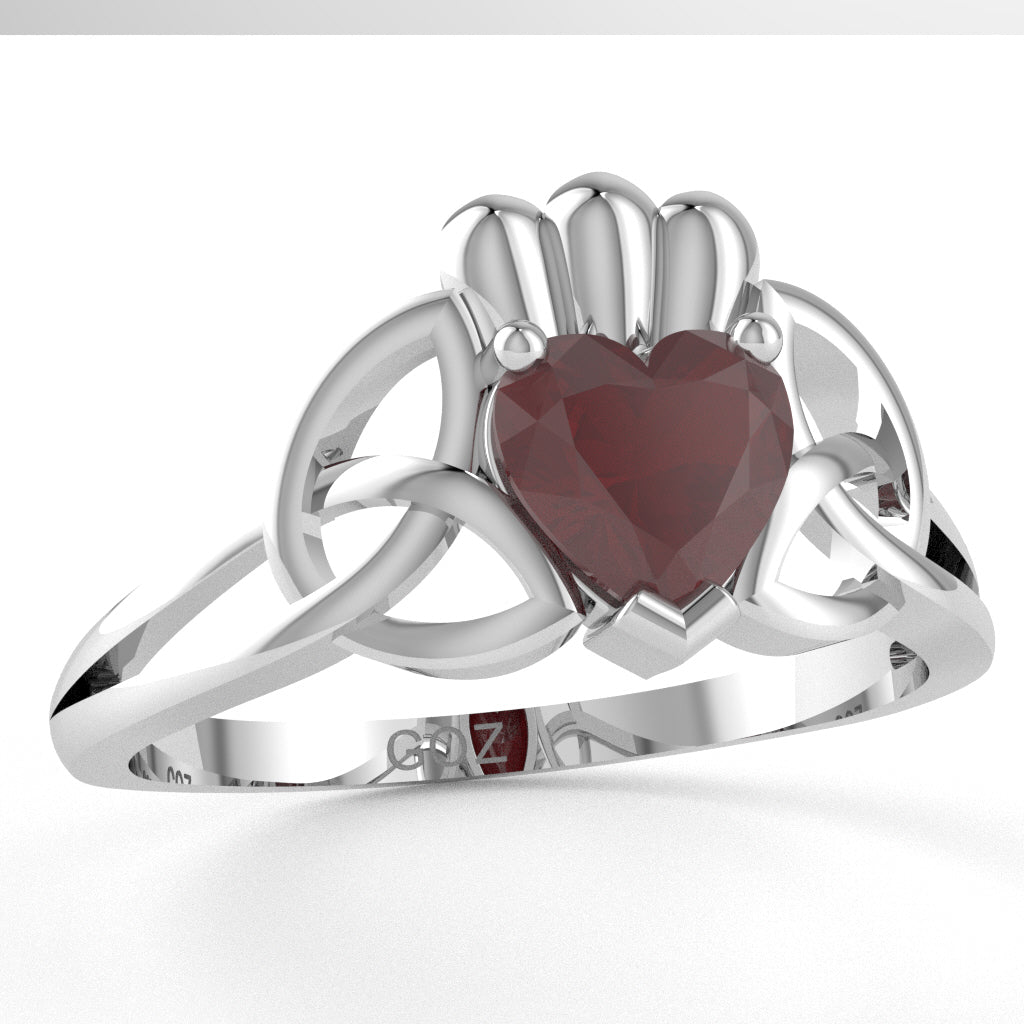 Celtic Trinity Knot Claddagh Ruby Engagement Ring In 10k White Gold