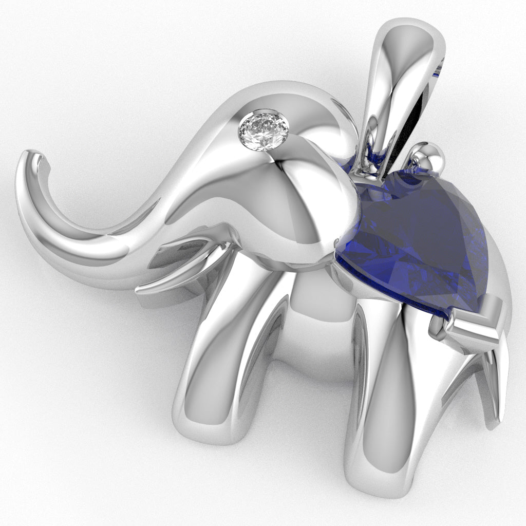 Sapphire Diamond Elephant Heart Birthstone Pendant In 14k White Gold