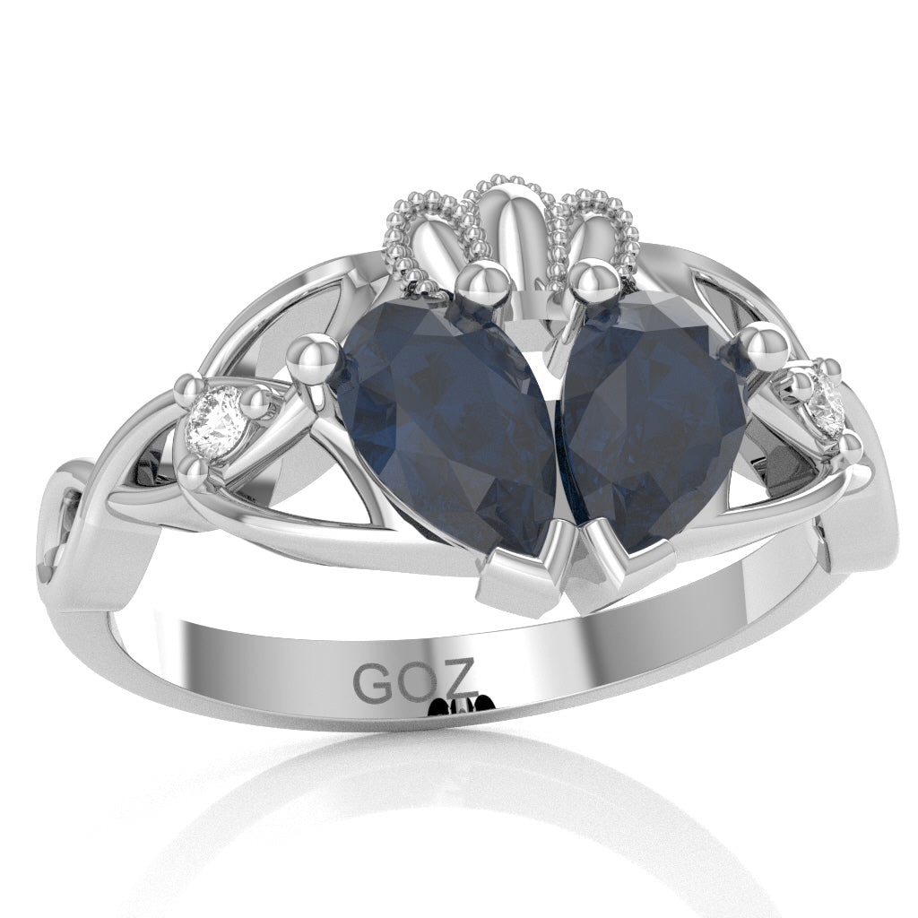 Sapphire Diamond Celtic Knot Heart Claddagh Ring In 14k White Gold