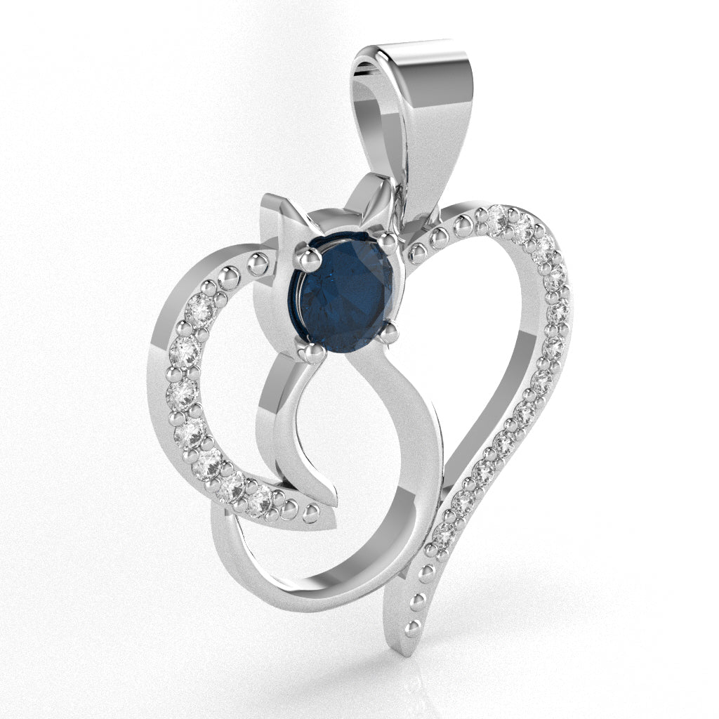 Sapphire Diamond  Cat Love Heart Pendant In 14k White Gold