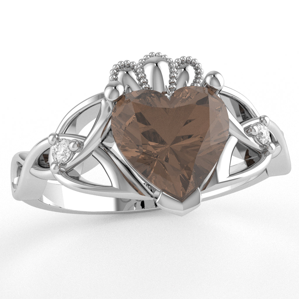 Celtic Trinity Knot Claddagh Heart Smoky Quartz Diamond Ring In 14k White Gold