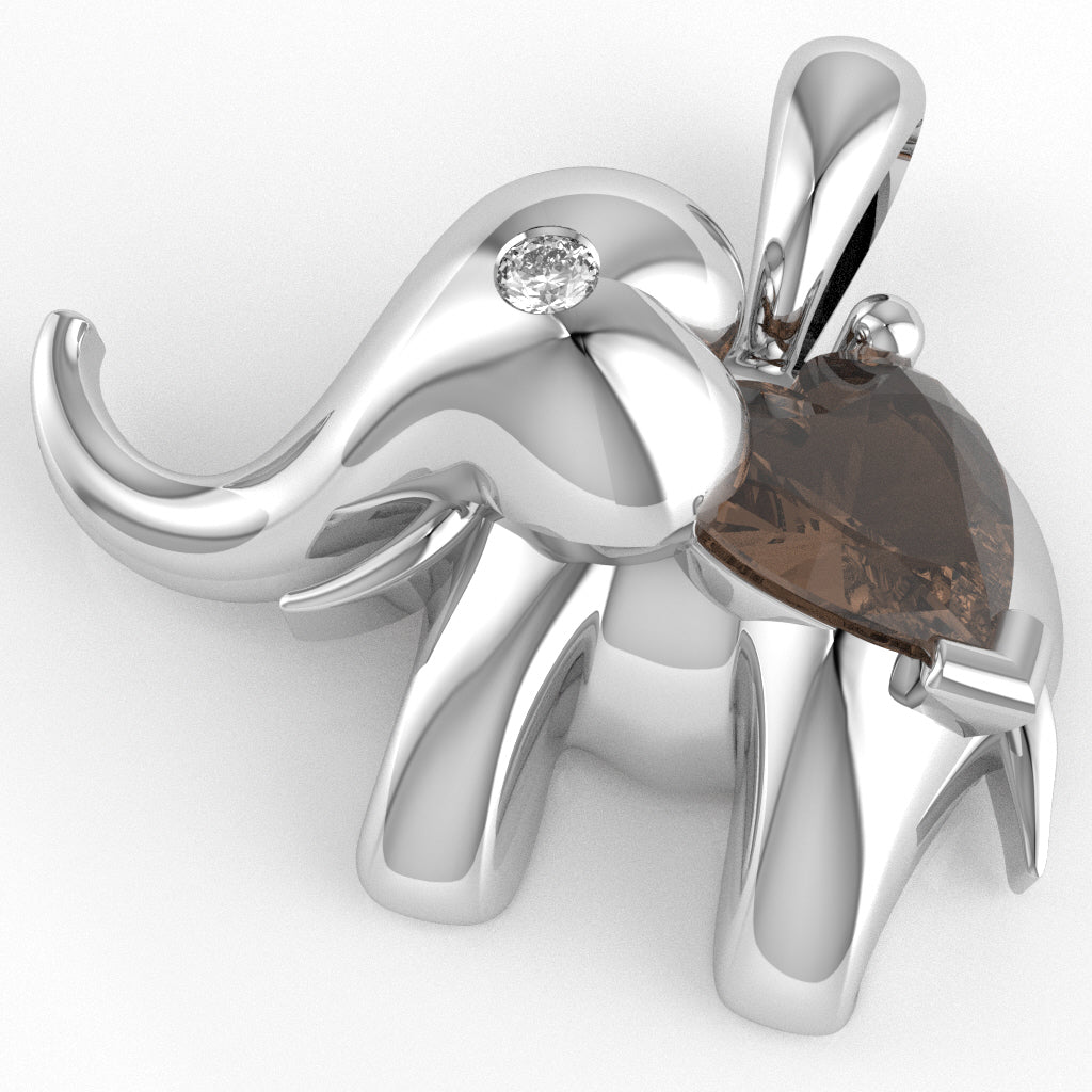 Smoky Quartz Diamond Elephant Heart Birthstone Pendant In 10k White Gold