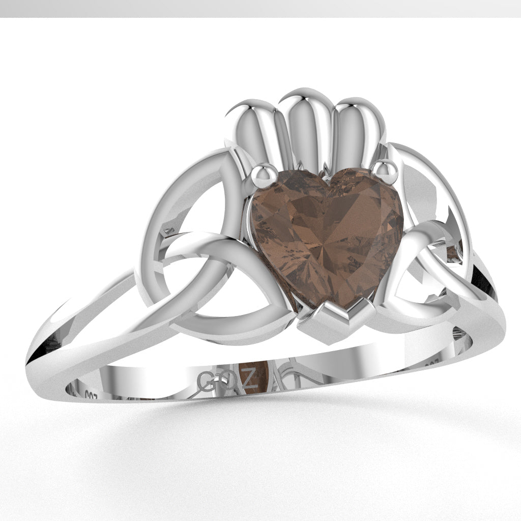 Celtic Trinity Knot Claddagh Smoky Quartz Engagement Ring In 14k White Gold