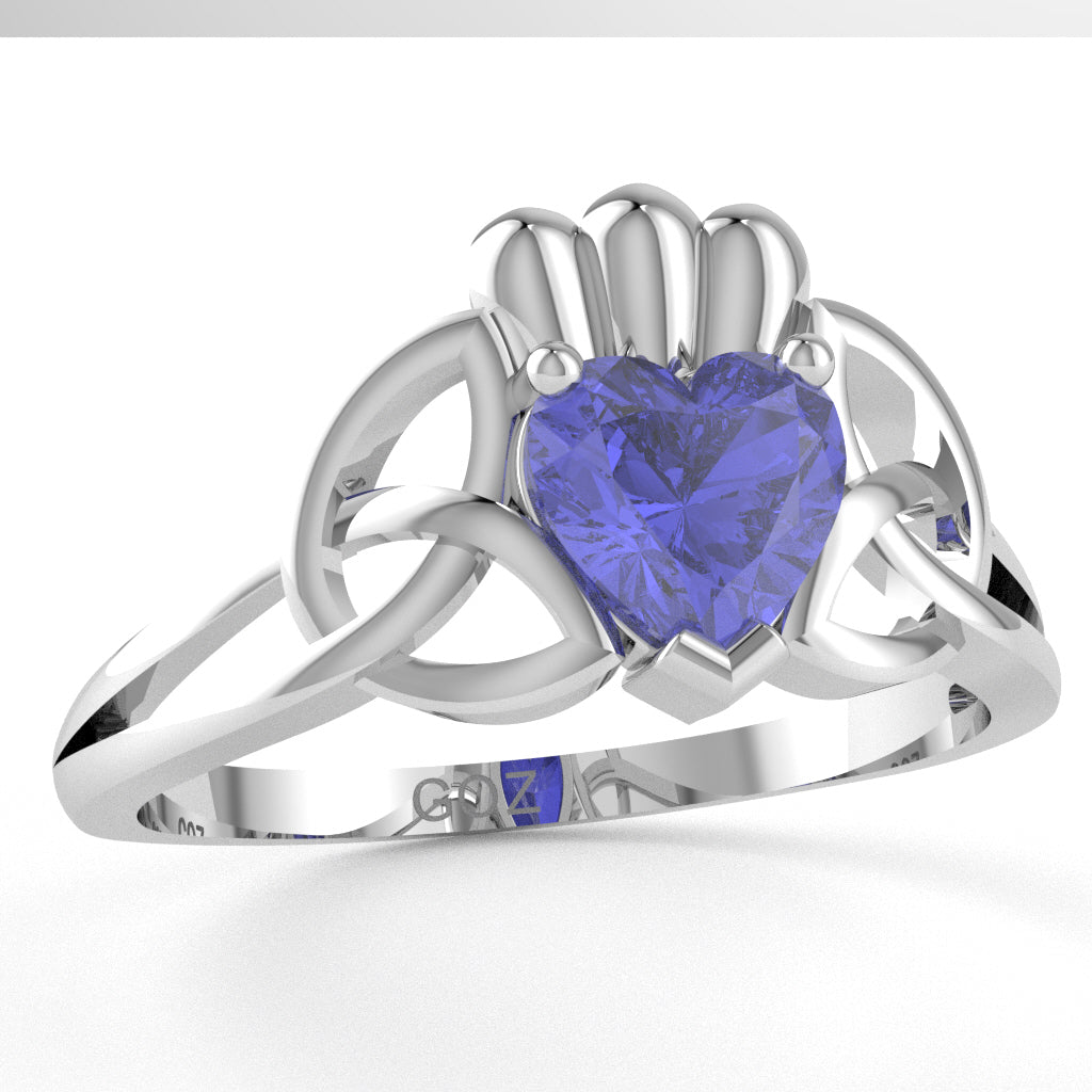 Celtic Trinity Knot Claddagh Tanzanite Engagement Ring In 10k White Gold